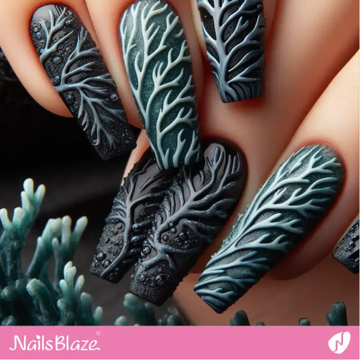 Green and Black Nails with 3D Coral Reefs Nail Design | Save the Ocean Nails - NB2833